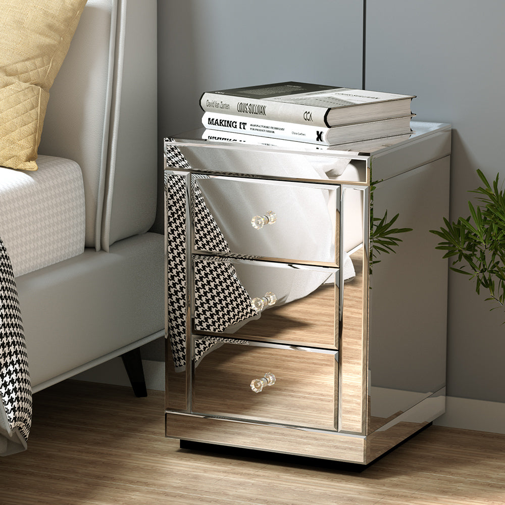 Marlook Set of 2 Bedside Table 3 Drawers Mirrored Glass - PRESIA Silver