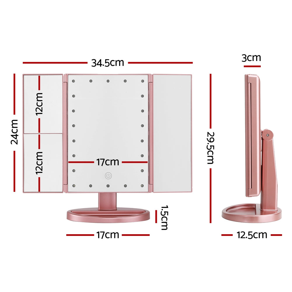Marlook Tri-fold Makeup Mirror 1X2X3X Magnifying with LED Light Travel Portable Pink