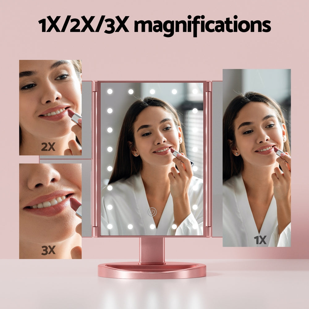 Marlook Tri-fold Makeup Mirror 1X2X3X Magnifying with LED Light Travel Portable Pink