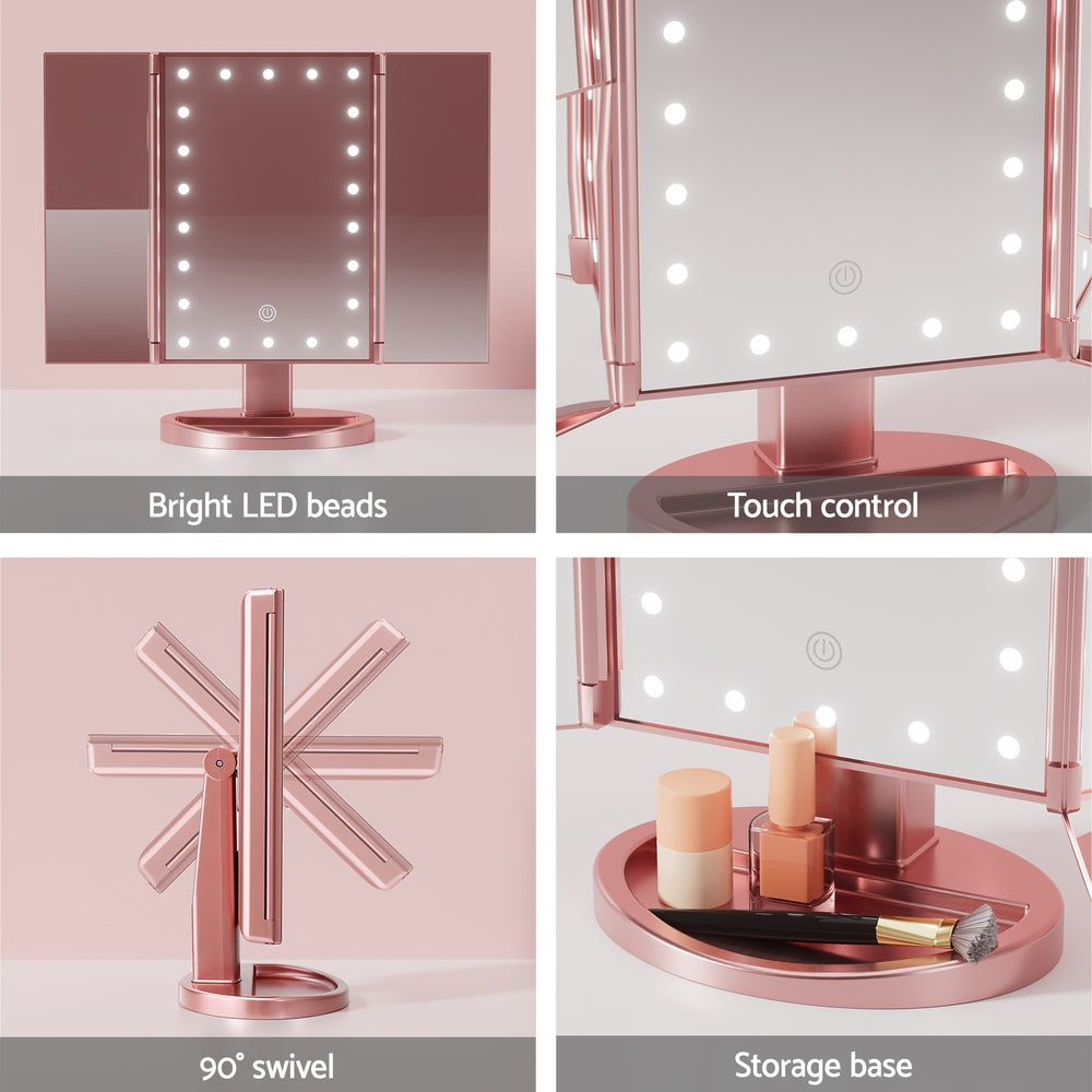 Marlook Tri-fold Makeup Mirror 1X2X3X Magnifying with LED Light Travel Portable Pink