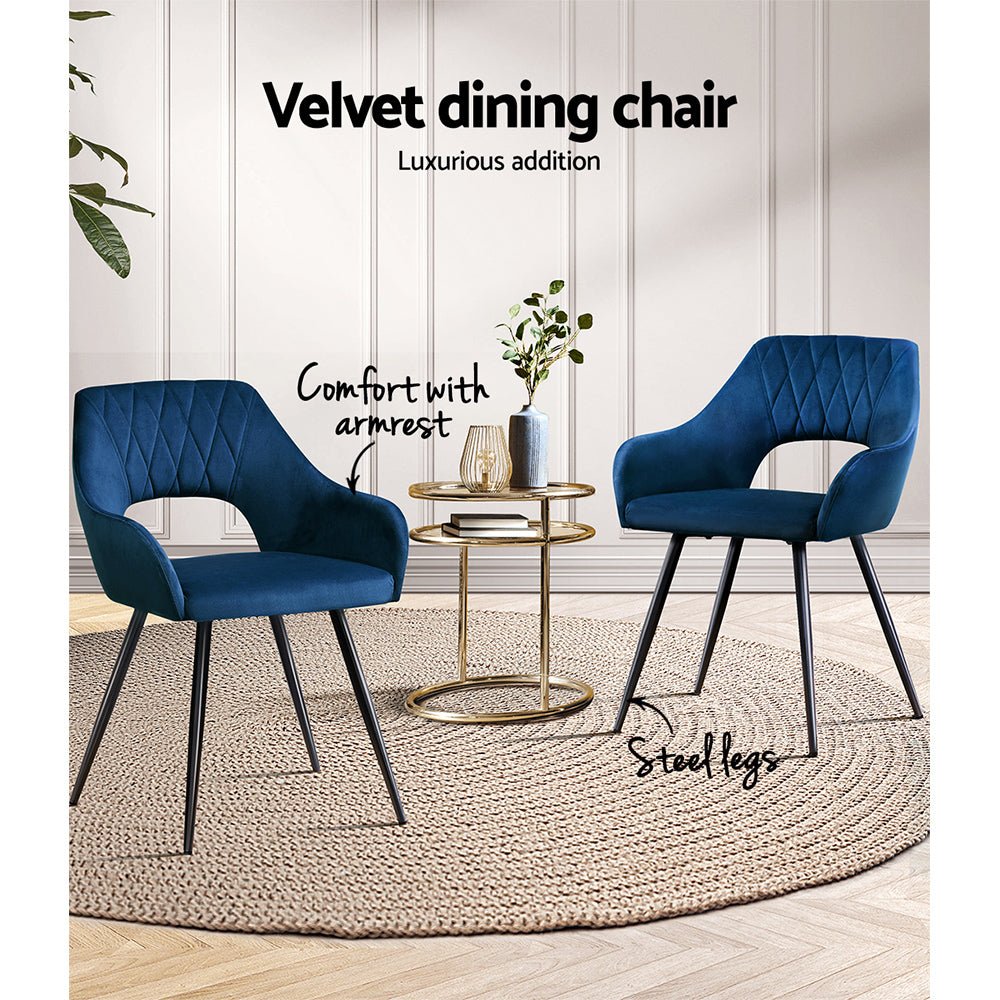Marlook Dining Chairs Set of 2 Velvet Hollow Armchair Blue