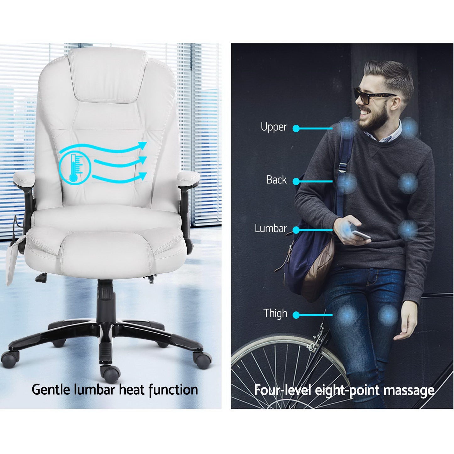 Marlook 8 Point Massage Office Chair Heated Seat Recliner PU White