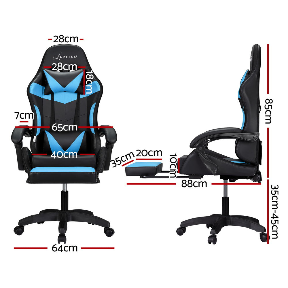 Marlook 6 Point Massage Gaming Office Chair 7 LED Footrest Cyan Blue
