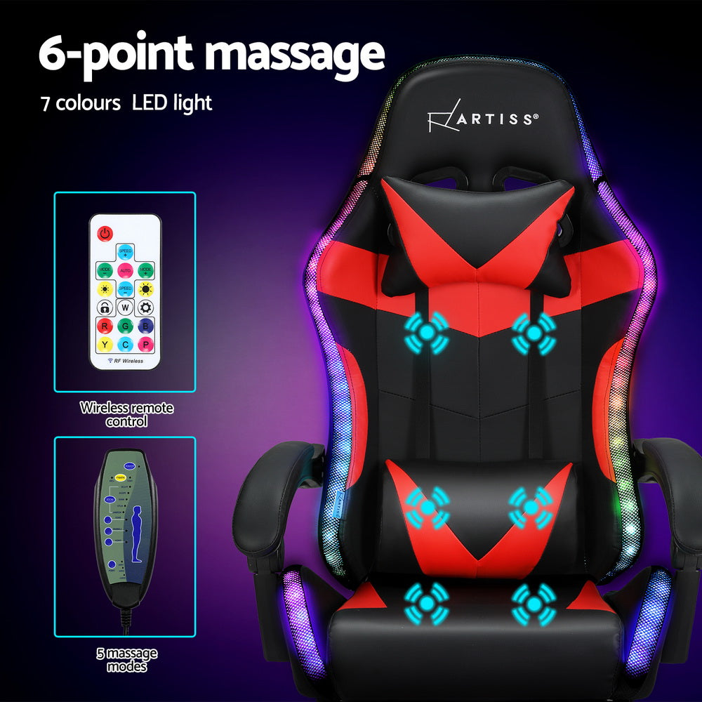Marlook 6 Point Massage Gaming Office Chair 7 LED Footrest Red