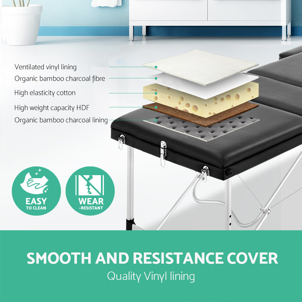 Marlook Massage Table 60cm Portable 3 Fold Aluminium Beauty Bed Black