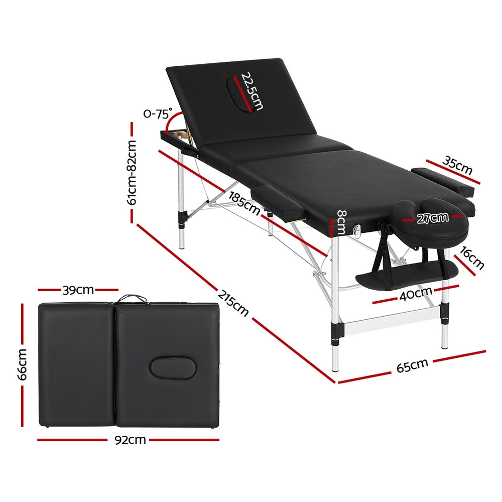Marlook Massage Table 65cm Portable 3 Fold Aluminium Beauty Bed Black