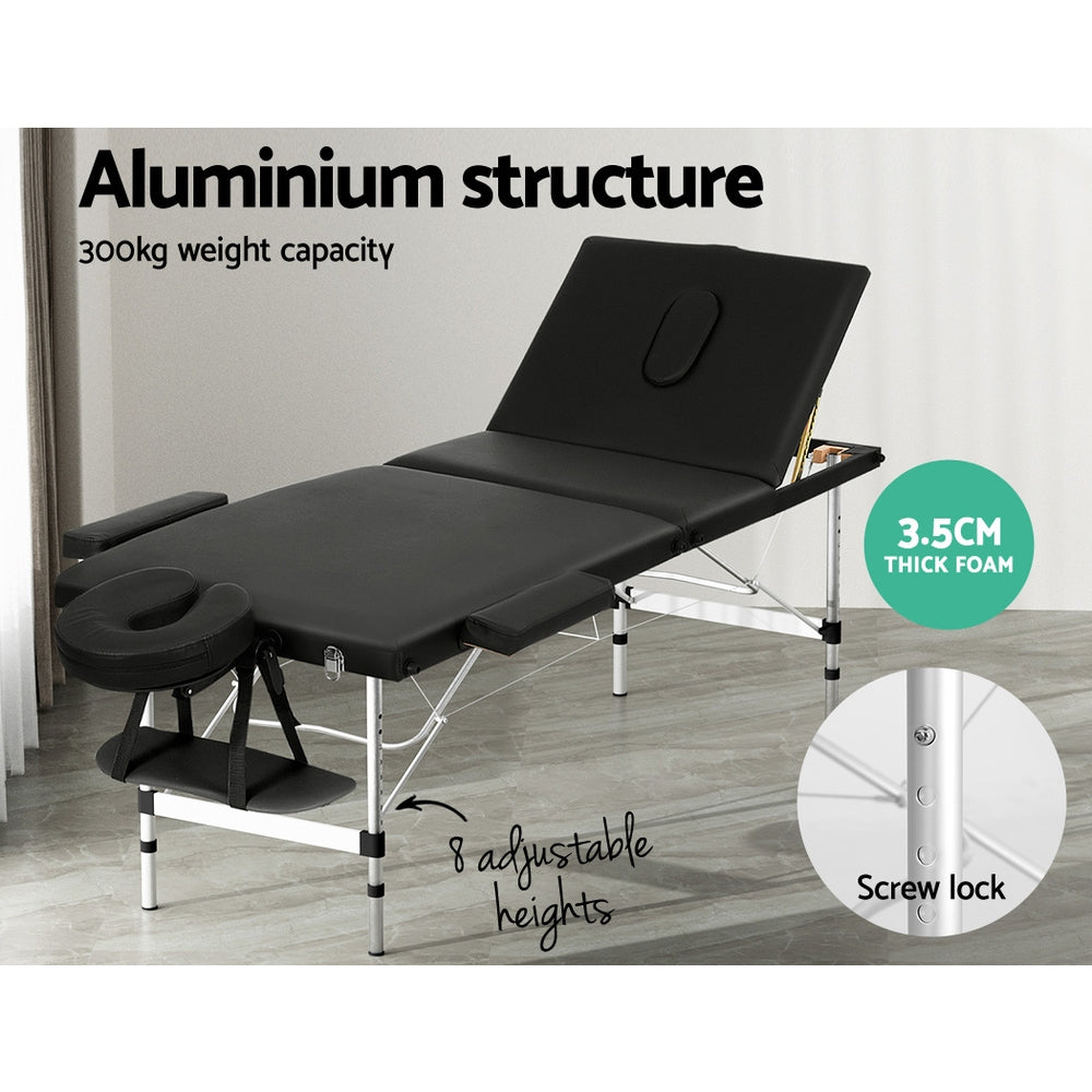 Marlook Massage Table 65cm Portable 3 Fold Aluminium Beauty Bed Black