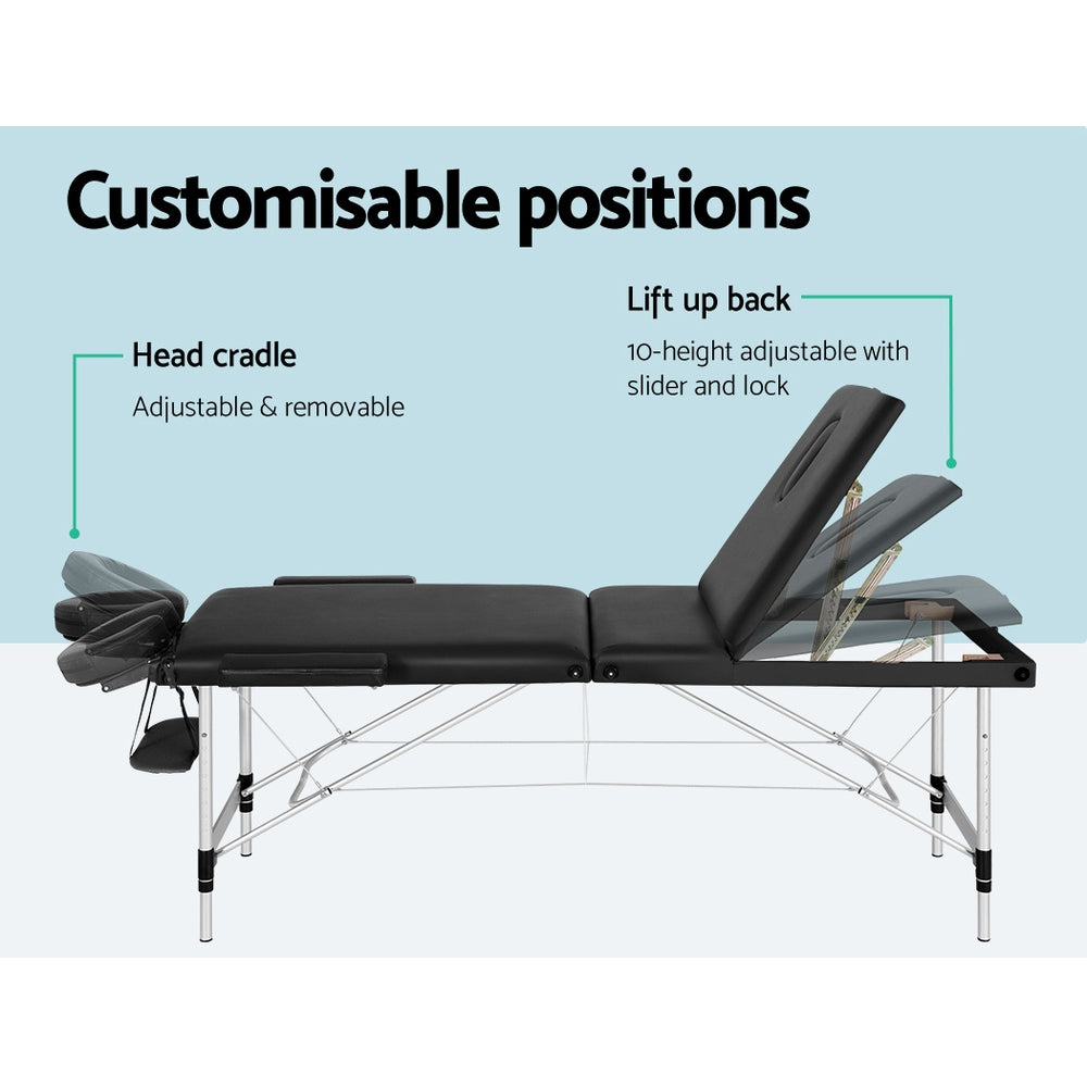 Marlook Massage Table 65cm Portable 3 Fold Aluminium Beauty Bed Black