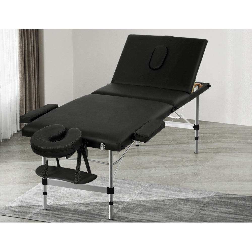 Marlook Massage Table 65cm Portable 3 Fold Aluminium Beauty Bed Black