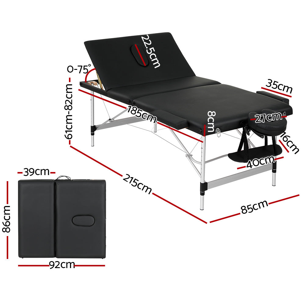 Marlook Massage Table 85cm Portable 3 Fold Aluminium Beauty Bed Black