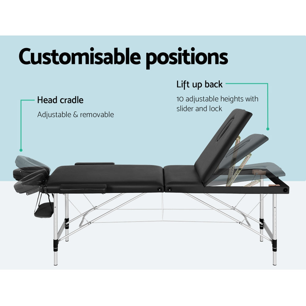 Marlook Massage Table 85cm Portable 3 Fold Aluminium Beauty Bed Black