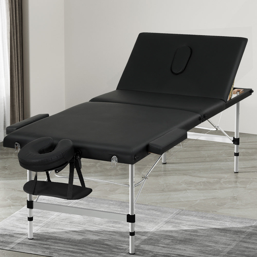 Marlook Massage Table 85cm Portable 3 Fold Aluminium Beauty Bed Black