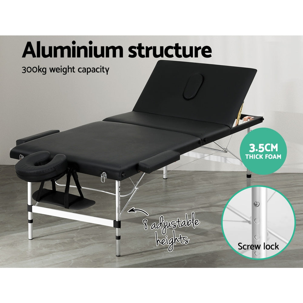 Marlook Massage Table 85cm Portable 3 Fold Aluminium Beauty Bed Black
