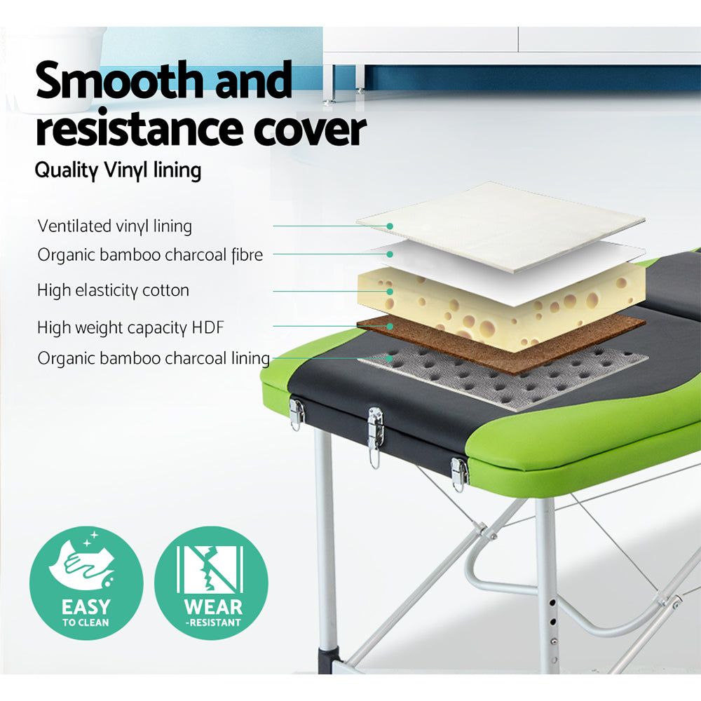 Marlook Massage Table 75cm Portable 3 Fold Aluminium Beauty Bed Green