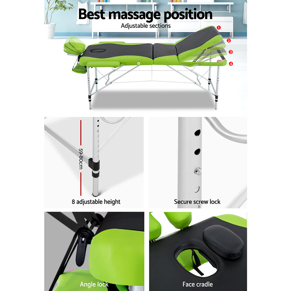 Marlook Massage Table 75cm Portable 3 Fold Aluminium Beauty Bed Green