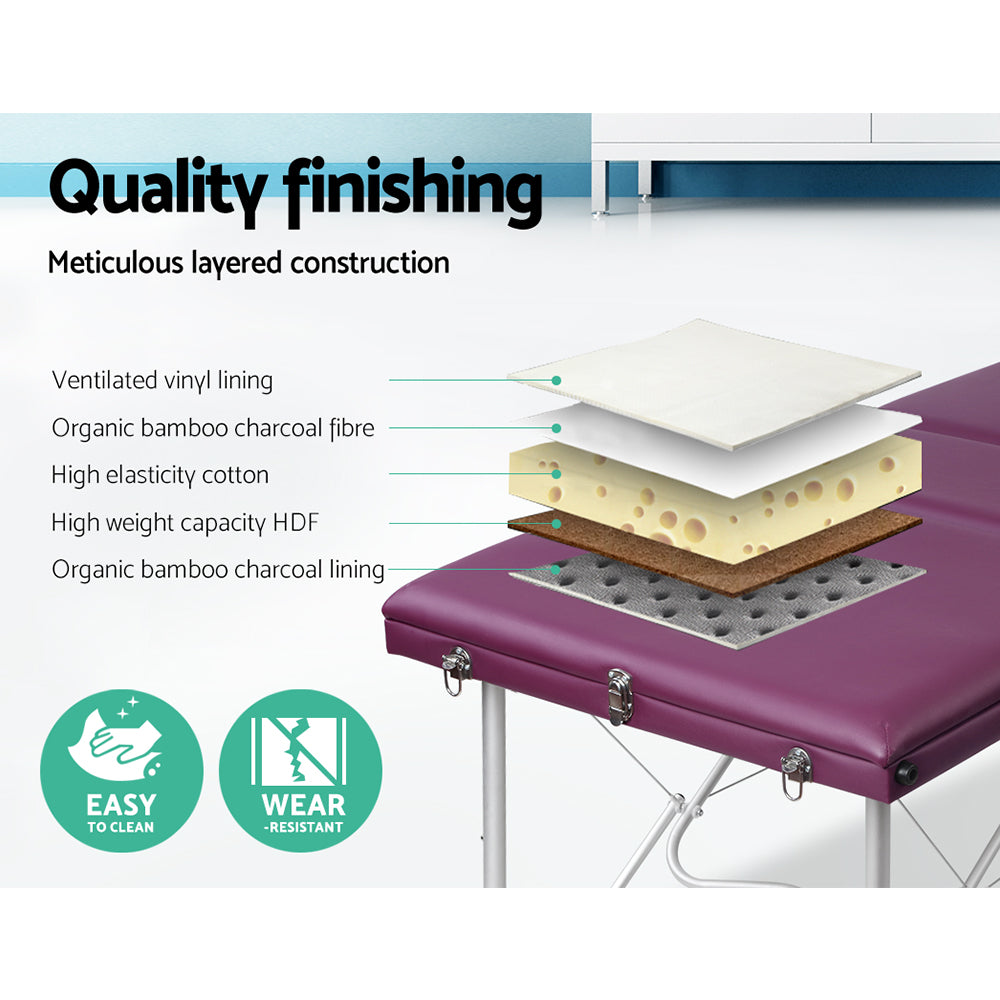 Marlook Massage Table 75cm Portable 3 Fold Aluminium Beauty Bed Violet