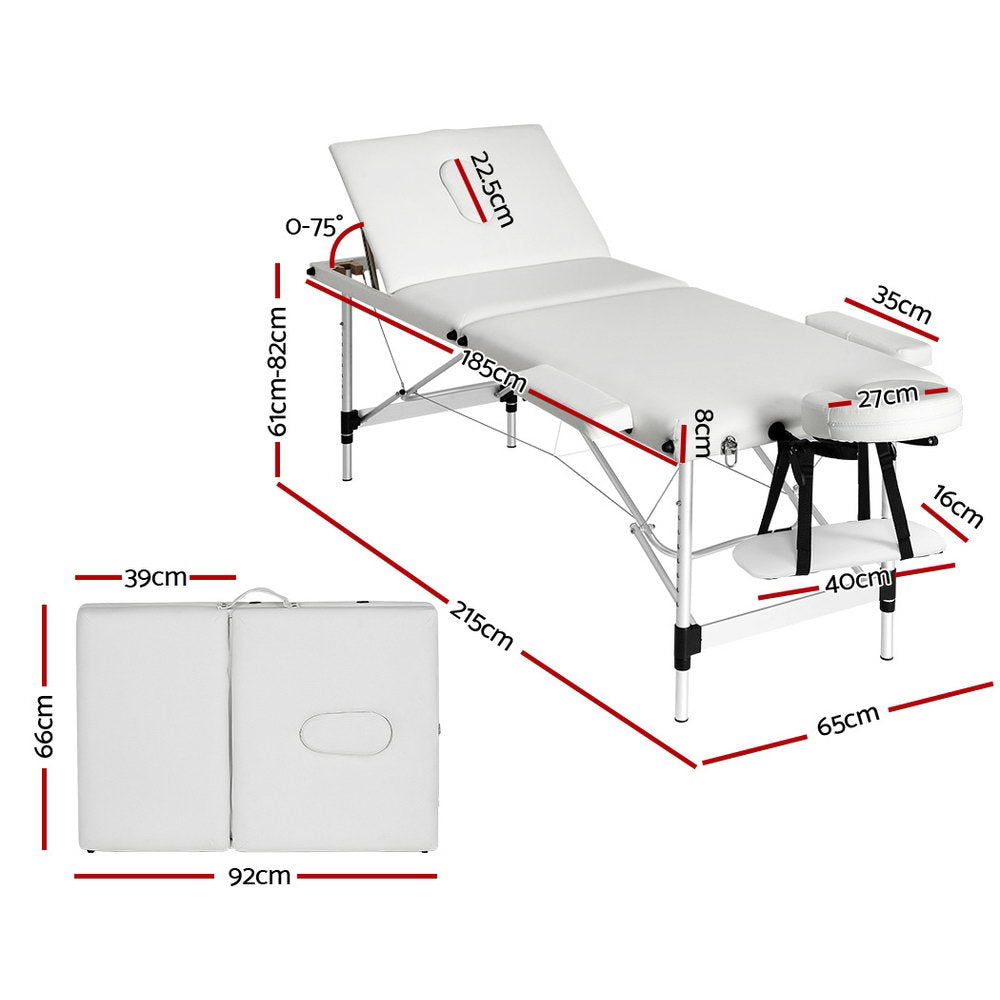 Marlook Massage Table 65cm Portable 3 Fold Aluminium Beauty Bed White