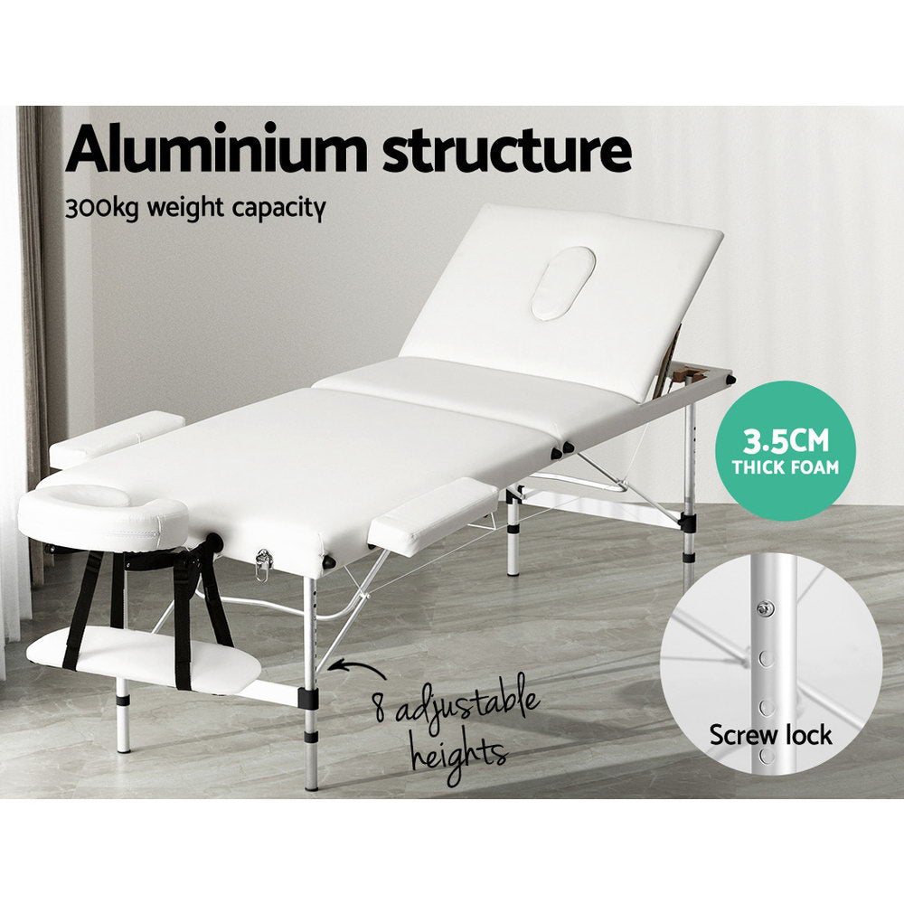 Marlook Massage Table 65cm Portable 3 Fold Aluminium Beauty Bed White
