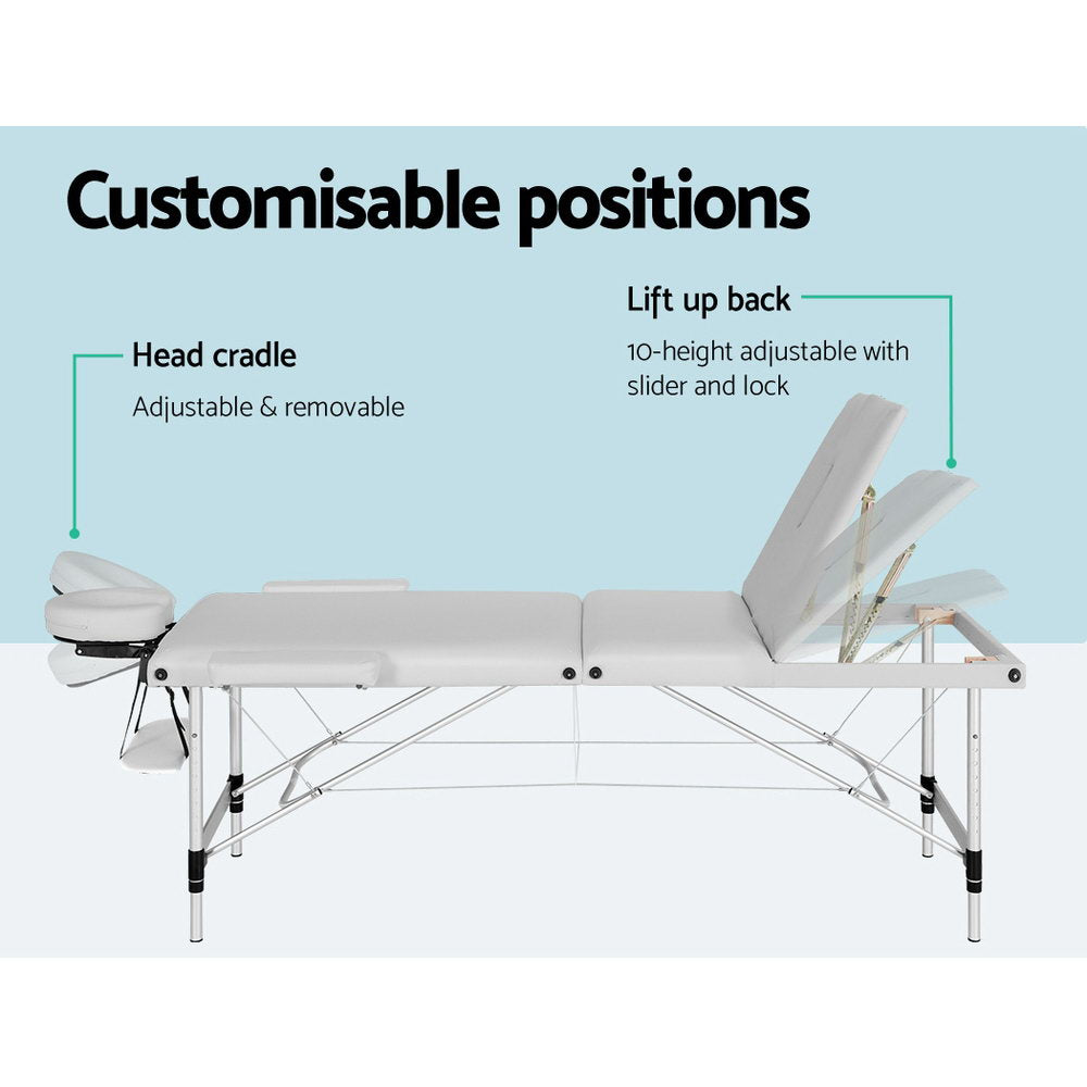 Marlook Massage Table 65cm Portable 3 Fold Aluminium Beauty Bed White