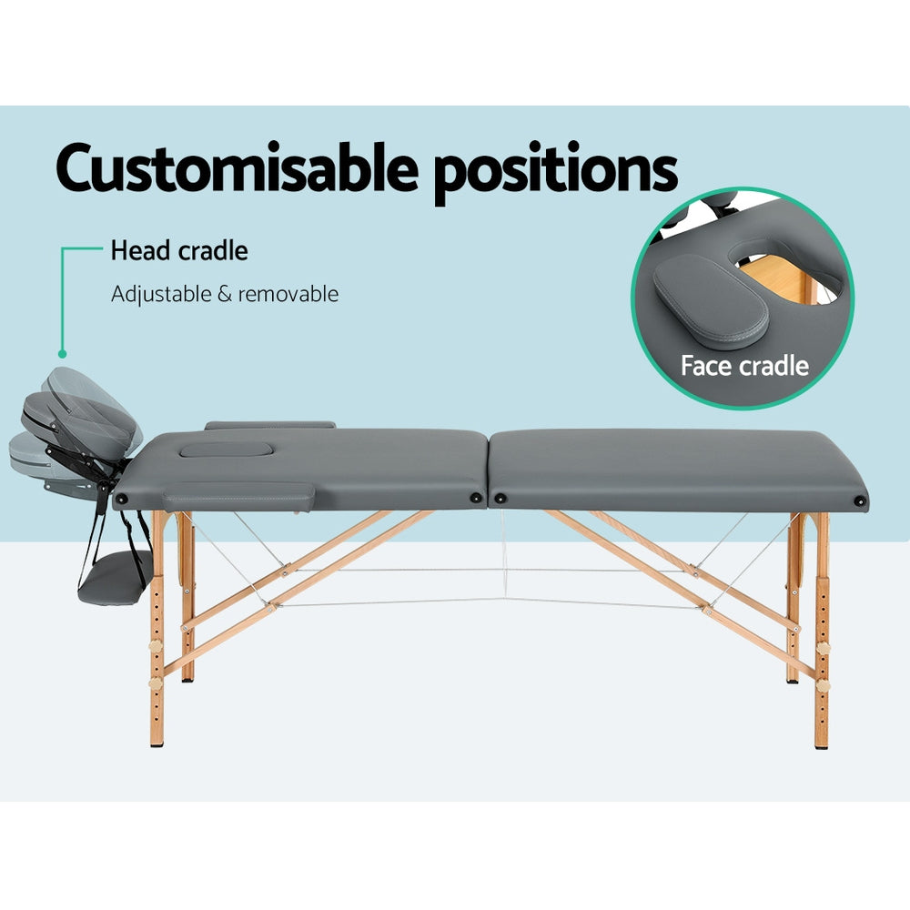Marlook Massage Table 56cm Portable 2 Fold Wooden Beauty Bed Grey