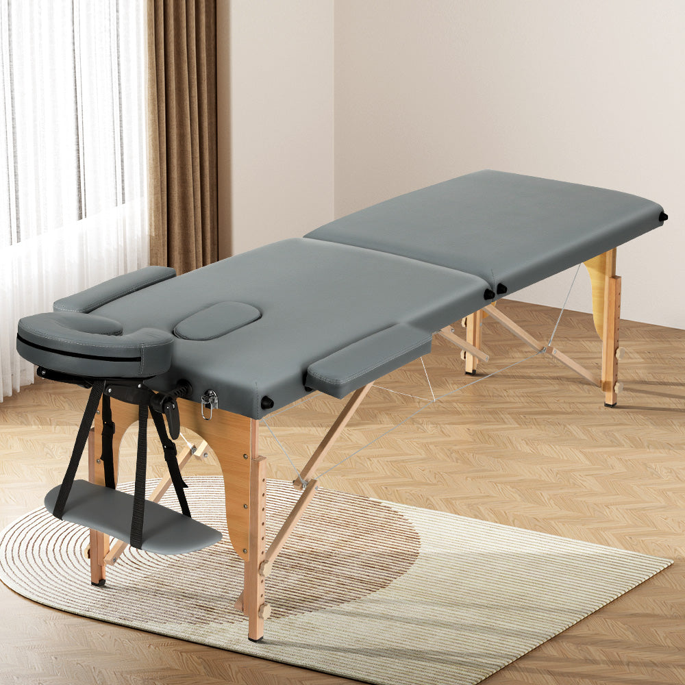 Marlook Massage Table 56cm Portable 2 Fold Wooden Beauty Bed Grey