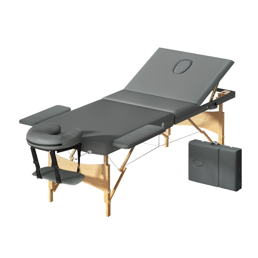 Marlook Massage Table 75cm Portable 3 Fold Wooden Beauty Bed Grey