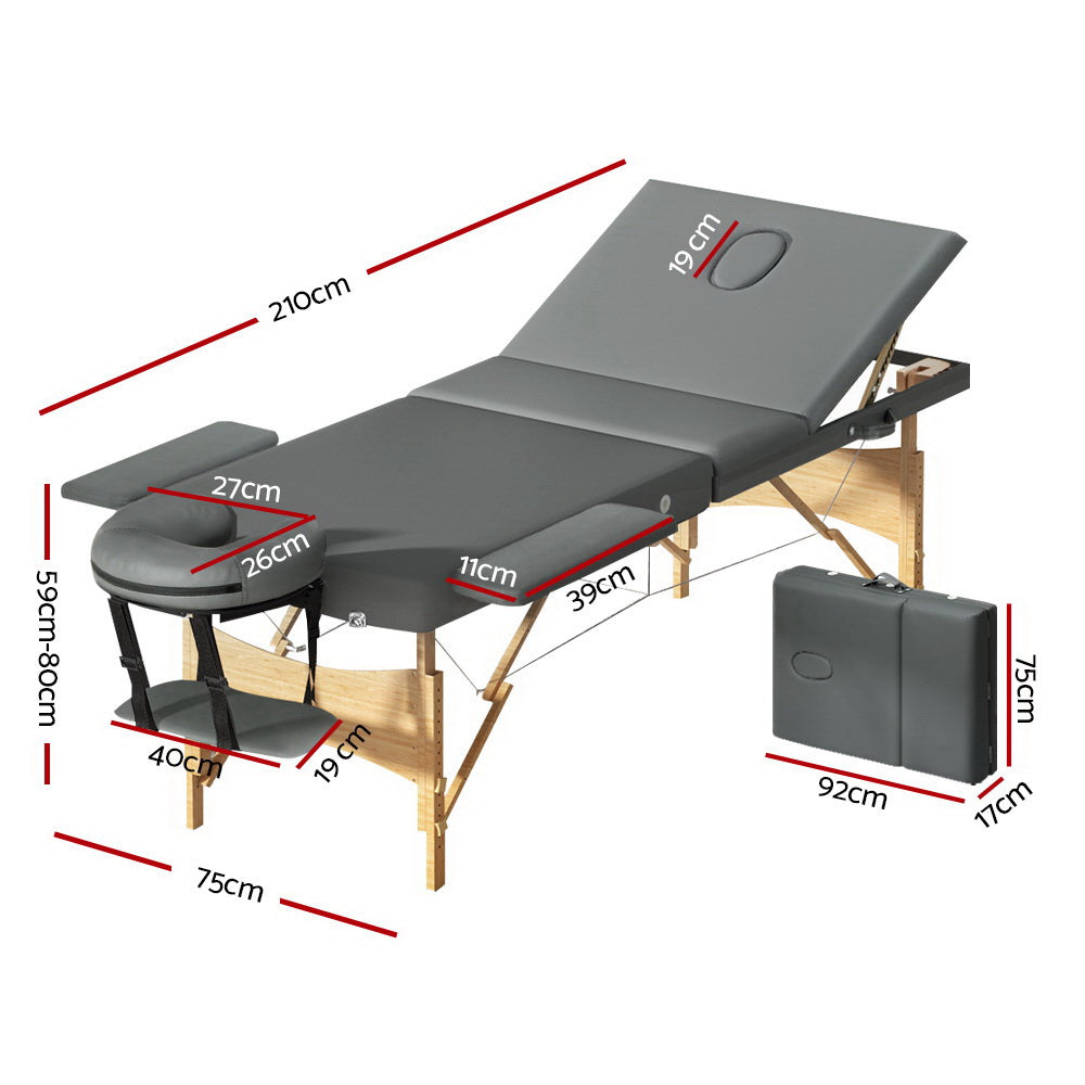 Marlook Massage Table 75cm Portable 3 Fold Wooden Beauty Bed Grey