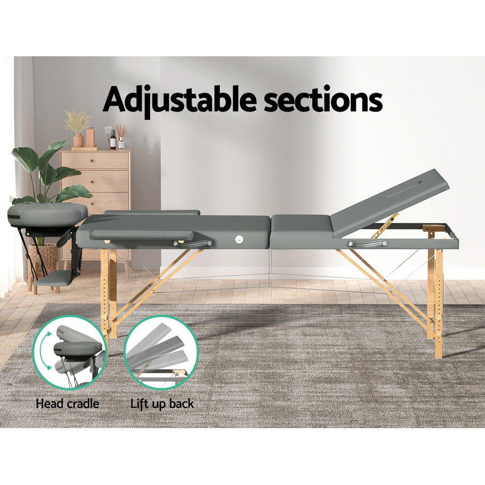Marlook Massage Table 75cm Portable 3 Fold Wooden Beauty Bed Grey