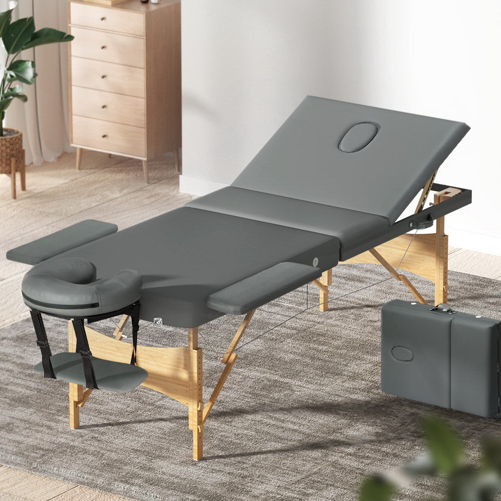 Marlook Massage Table 75cm Portable 3 Fold Wooden Beauty Bed Grey