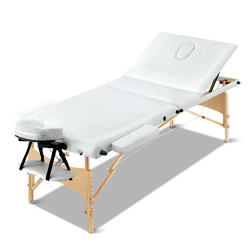 Marlook Massage Table 70cm Portable 3 Fold Wooden Beauty Bed White
