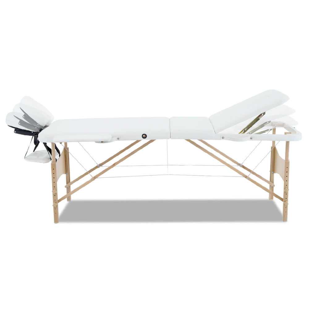 Marlook Massage Table 70cm Portable 3 Fold Wooden Beauty Bed White