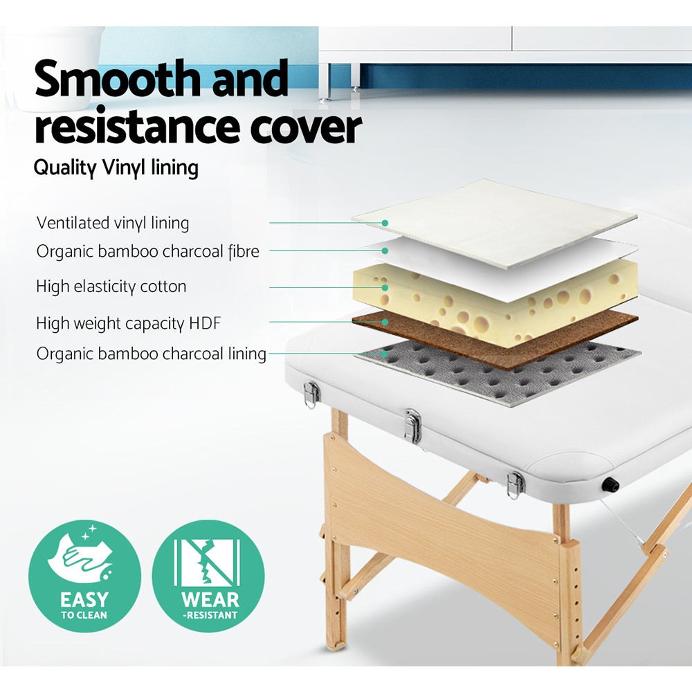 Marlook Massage Table 70cm Portable 3 Fold Wooden Beauty Bed White