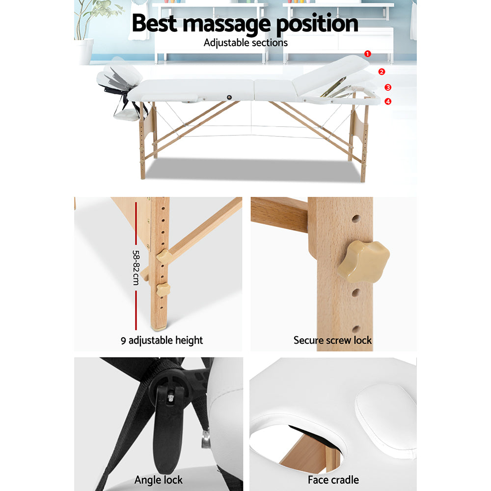 Marlook Massage Table 70cm Portable 3 Fold Wooden Beauty Bed White