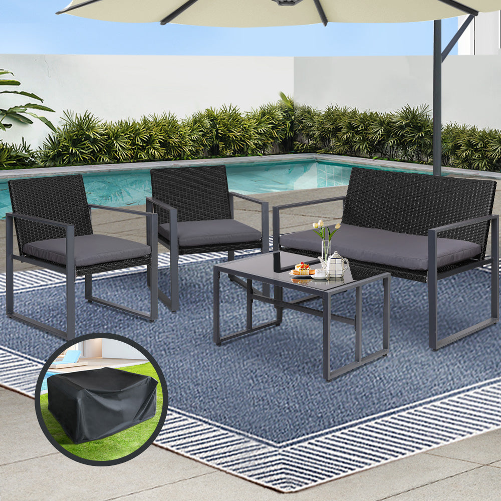 Marlook 4 PCS Outdoor Sofa Set Rattan Furniture with Storage Cover Chairs Black