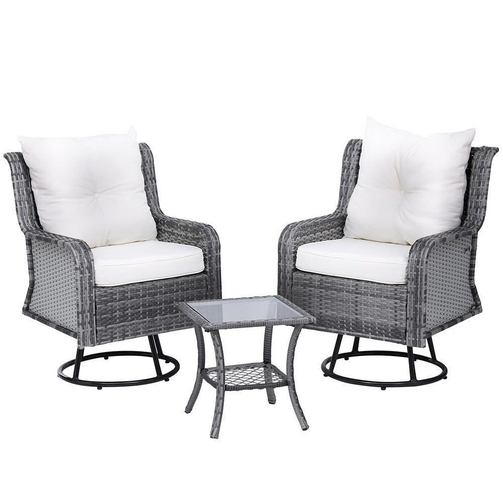 Marlook 3PC Outdoor Furniture Bistro Set Lounge Wicker Swivel Chairs Table Cushion Grey