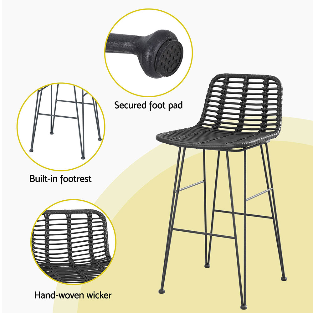 Marlook 2 Piece Outdoor Bar Stools Wicker Dining Rattan Chair Black