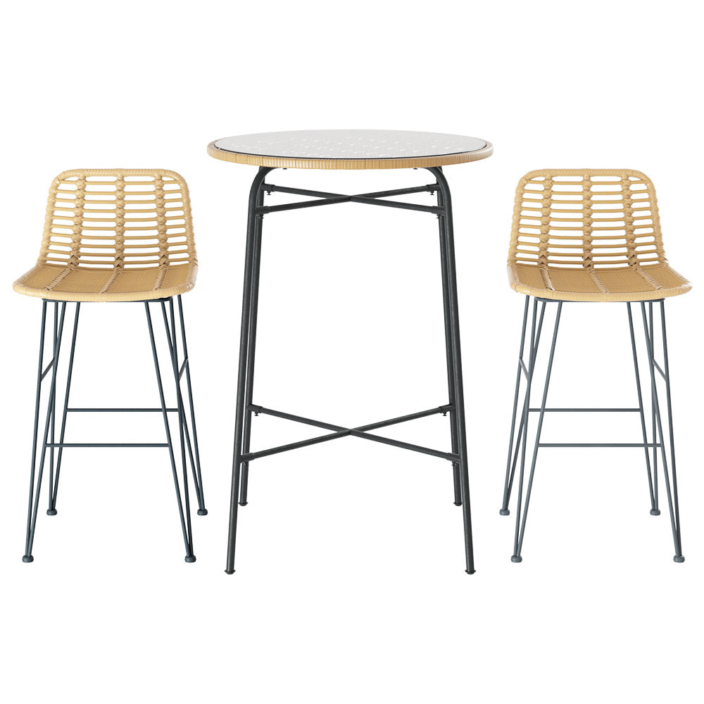 Marlook 3-Piece Outdoor Bar Set Wicker Table Chairs Patio Bistro