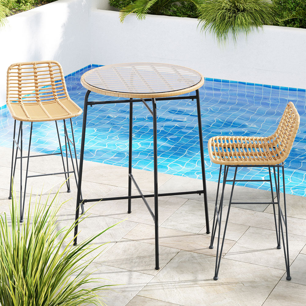 Marlook 3-Piece Outdoor Bar Set Wicker Table Chairs Patio Bistro