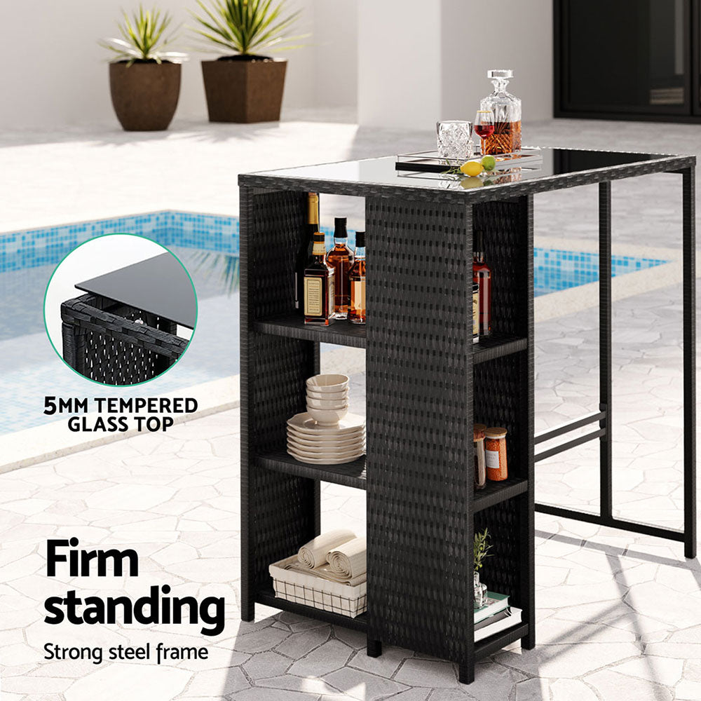 Marlook Outdoor Bar Table Wicker Dining Bistro Glass Desk Steel Patio Furniture Black