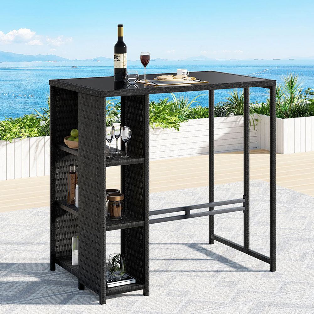 Marlook Outdoor Bar Table Wicker Dining Bistro Glass Desk Steel Patio Furniture Black