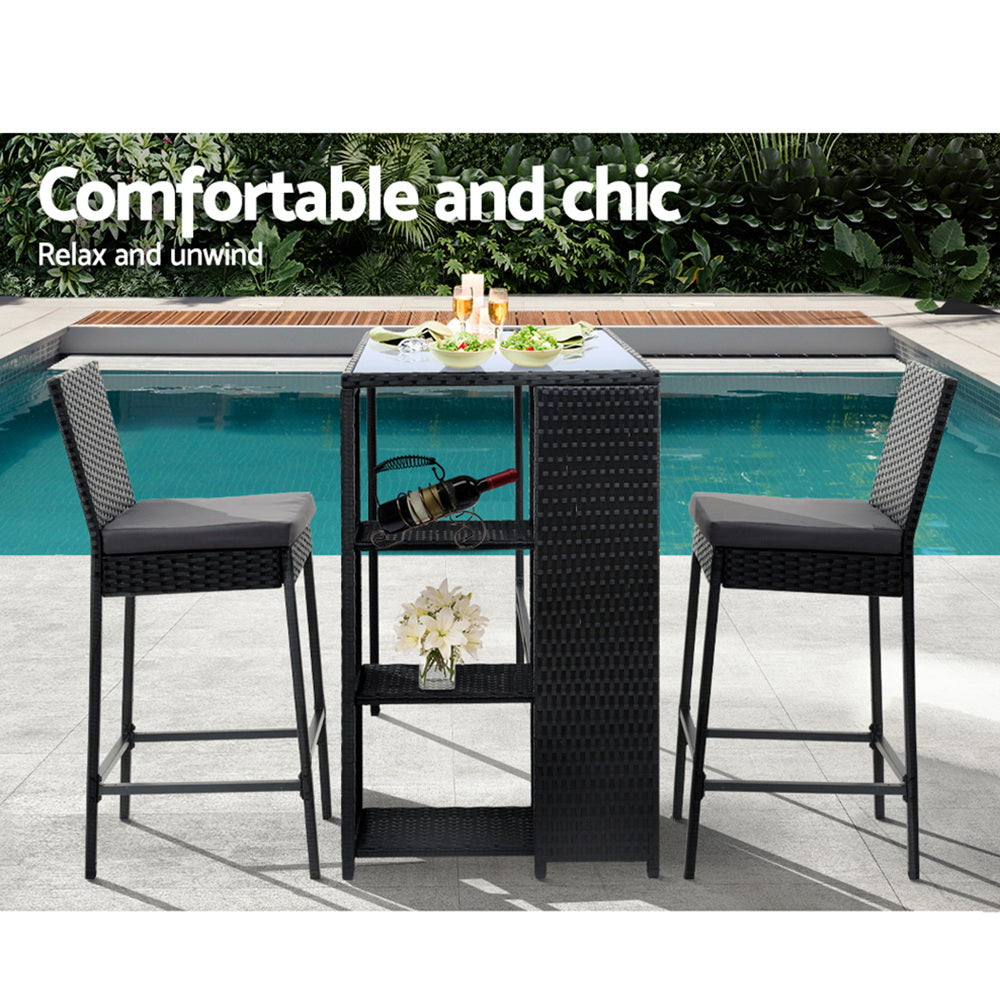 Marlook 3-Piece Outdoor Bar Set Patio Dining Chairs Wicker Table Stools