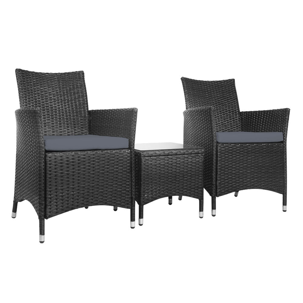 Marlook 3PC Outdoor Bistro Set Patio Furniture Wicker Setting Chairs Table Cushion Black