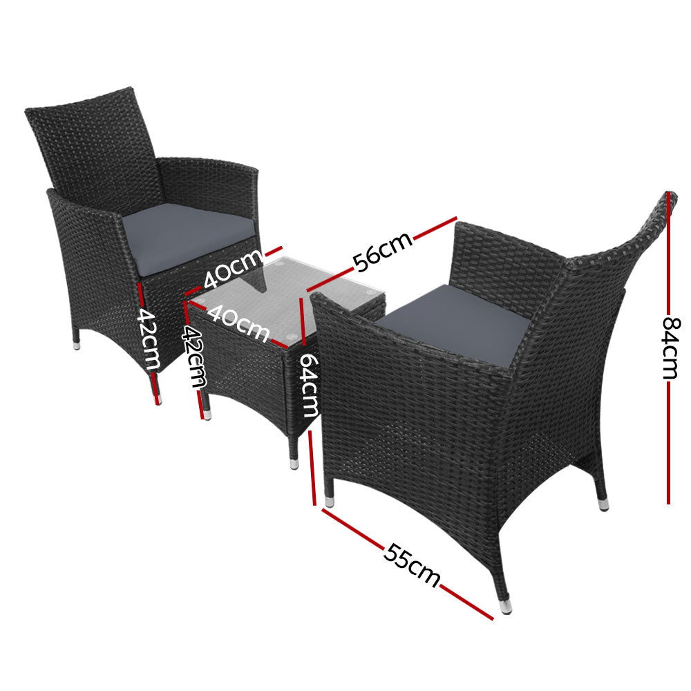 Marlook 3PC Outdoor Bistro Set Patio Furniture Wicker Setting Chairs Table Cushion Black