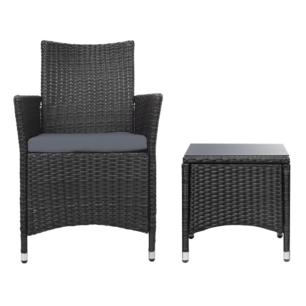 Marlook 3PC Outdoor Bistro Set Patio Furniture Wicker Setting Chairs Table Cushion Black