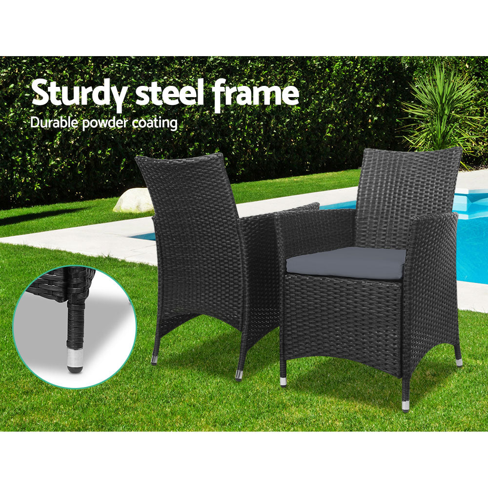 Marlook 3PC Outdoor Bistro Set Patio Furniture Wicker Setting Chairs Table Cushion Black