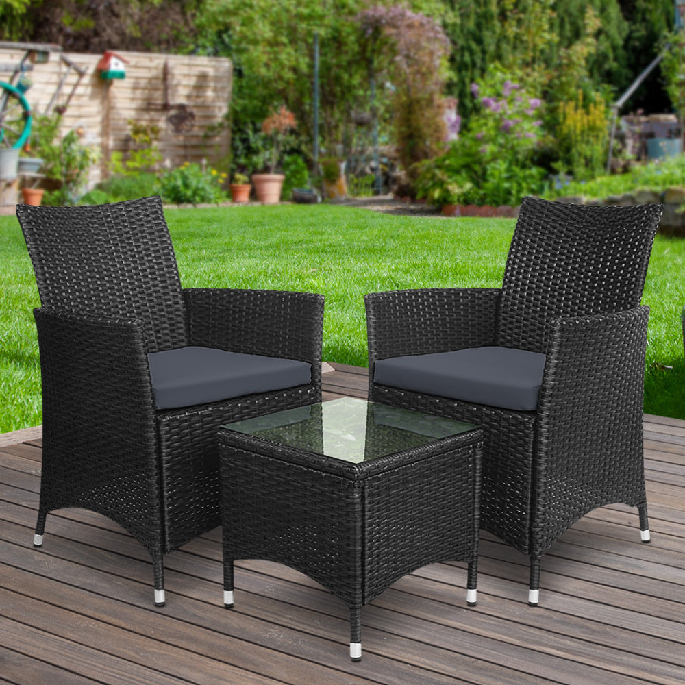 Marlook 3PC Outdoor Bistro Set Patio Furniture Wicker Setting Chairs Table Cushion Black