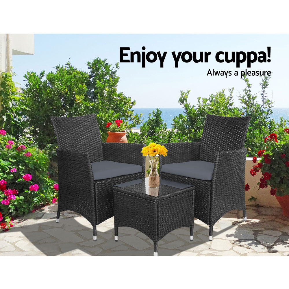 Marlook 3PC Outdoor Bistro Set Patio Furniture Wicker Setting Chairs Table Cushion Black