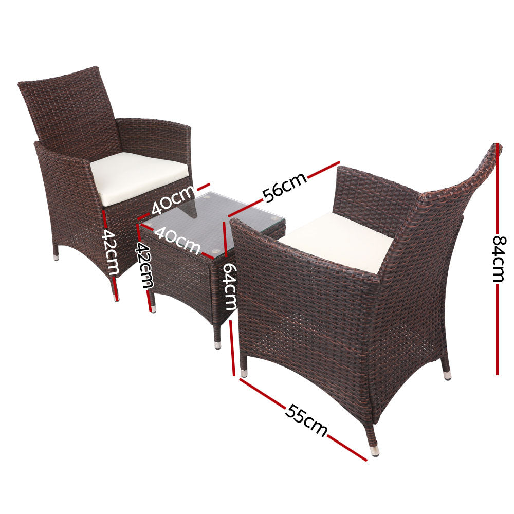 Marlook 3PC Outdoor Bistro Set Patio Furniture Wicker Setting Chairs Table Cushion Brown