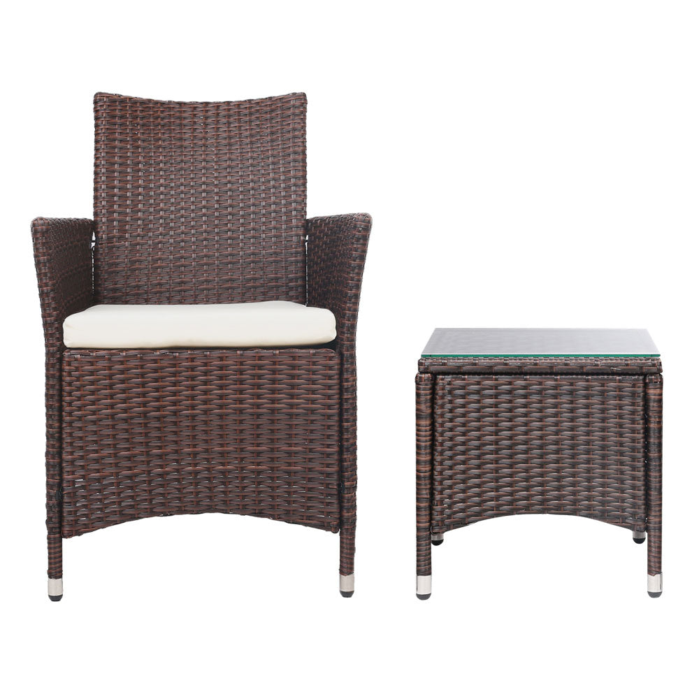 Marlook 3PC Outdoor Bistro Set Patio Furniture Wicker Setting Chairs Table Cushion Brown
