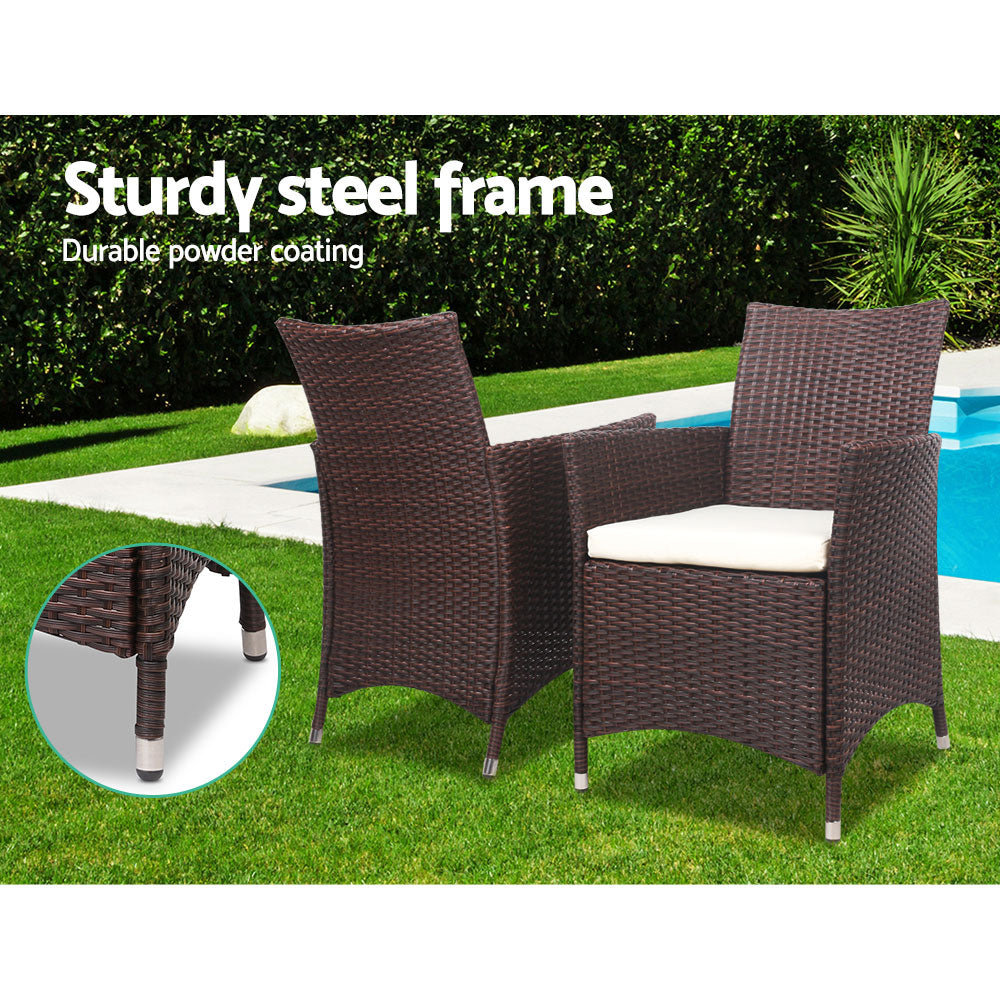 Marlook 3PC Outdoor Bistro Set Patio Furniture Wicker Setting Chairs Table Cushion Brown